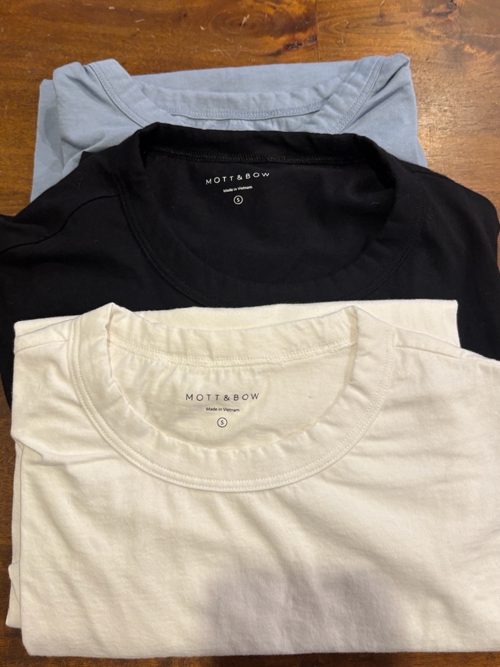 Mott & Bow Men's Short Sleeve Crew Tee in White, Black, Light Blue